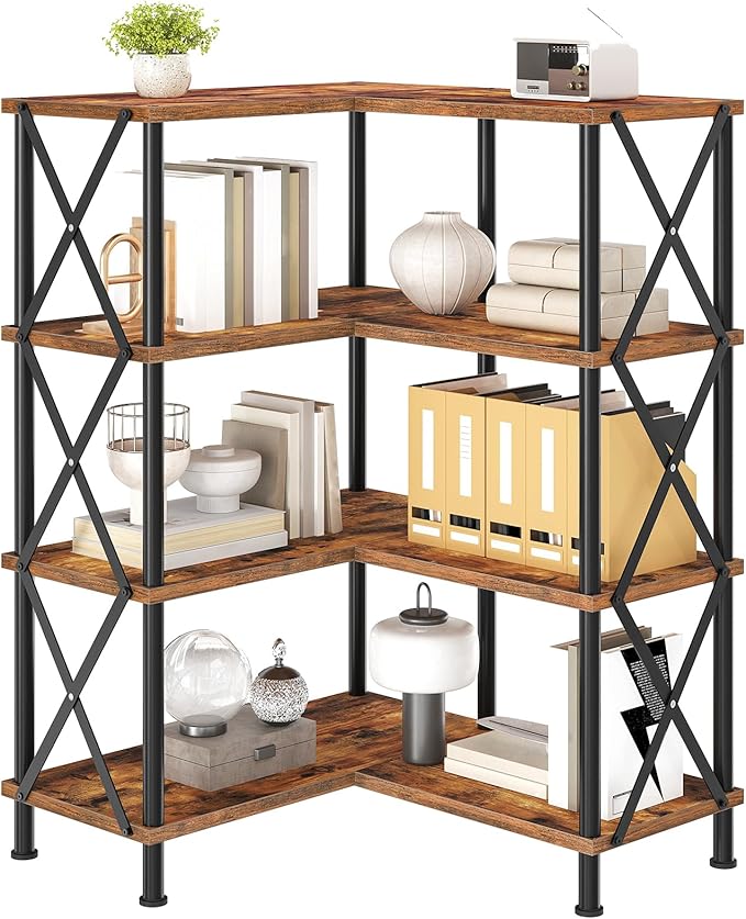 HOOBRO Corner Bookshelf, 4-Tier L-Shaped Bookcase, Industrial Open Display