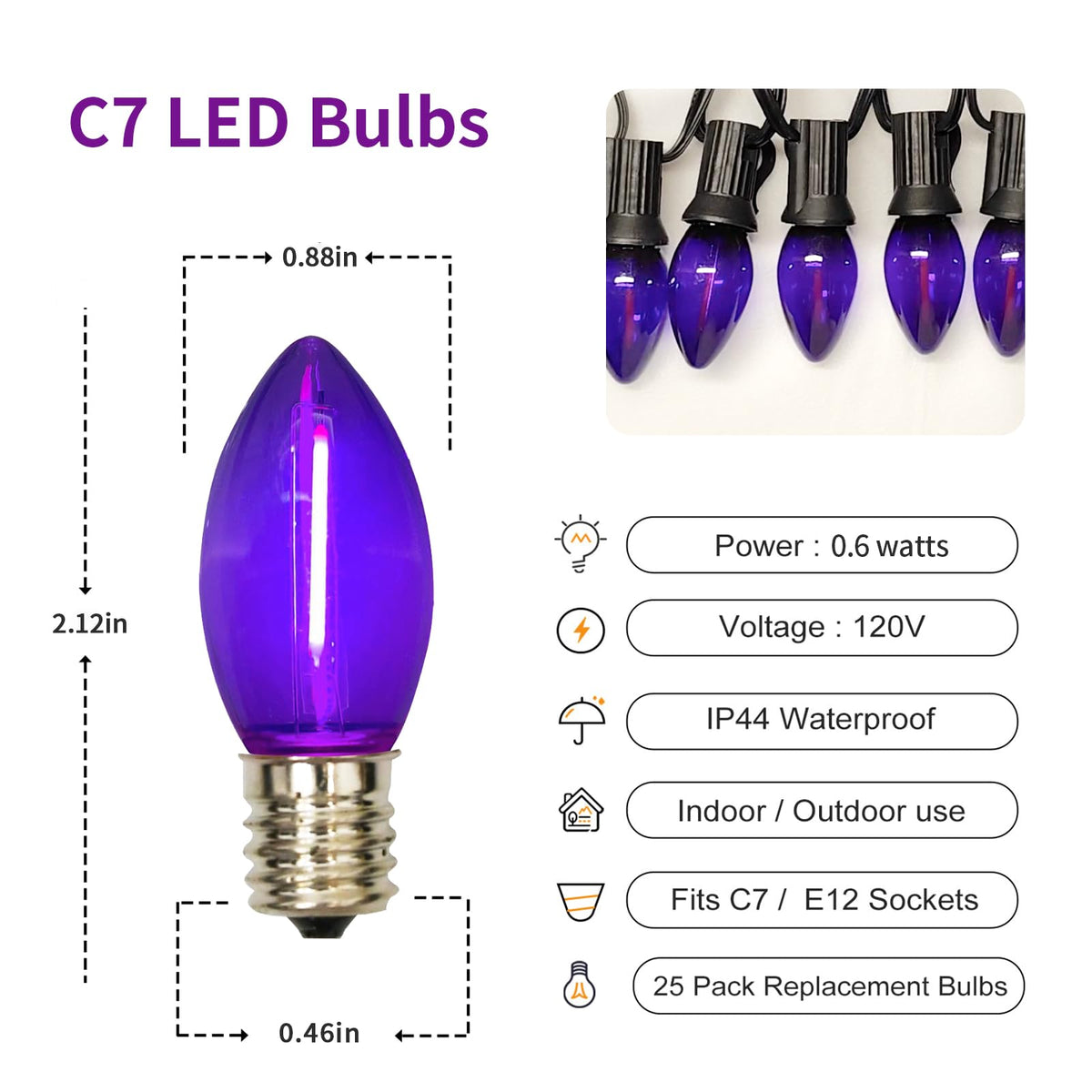 CHYParty 10 Pack C7 Replacement Bulbs, Dark Purple LED Halloween Light Bulbs for Outdoor String Lights, Patio, Christmas Decor, E12 Candelabra Base, Waterproof, Energy-Saving