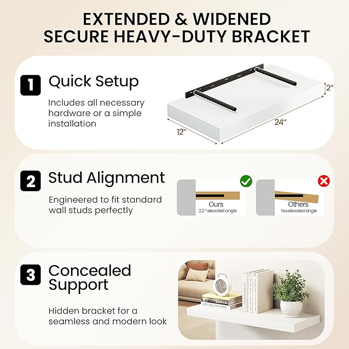 White Floating Shelves 48Inch Long, 12 Inch Deep Floating Shelves