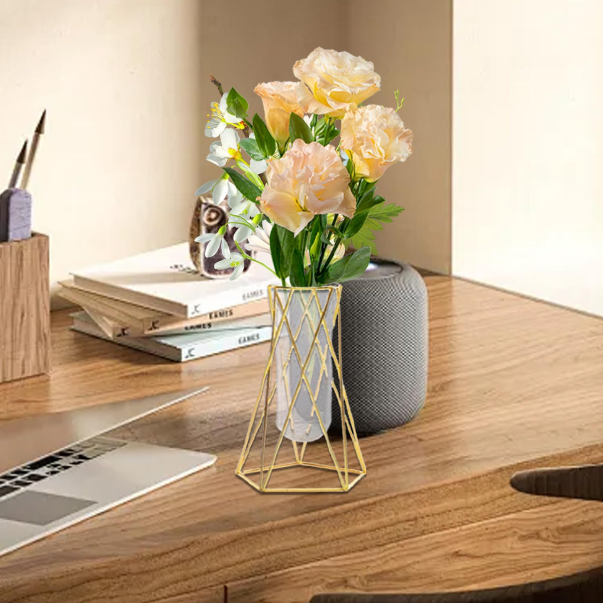 Hyuetrsa 12 Pcs Gold Geometric Vase for Centerpieces, Glass Vase with Metal Flower Stand Hydroponic Plant Test Tube Modern Vases for Wedding Home Decor（6.3 Inch）