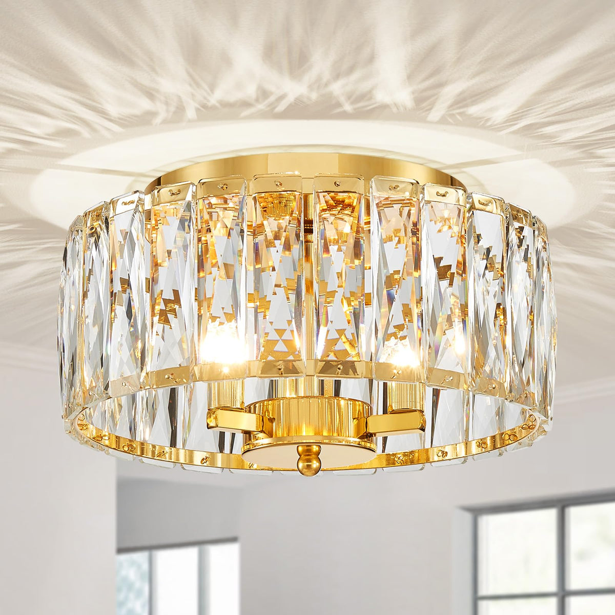 ElegLumi Crystal Ceiling Light, 3-Light Modern Flushmount Ceiling Light for Living Room, Dinning Room Hallway, D12xH9inch, Gold Finish Frame & K9 Crystal