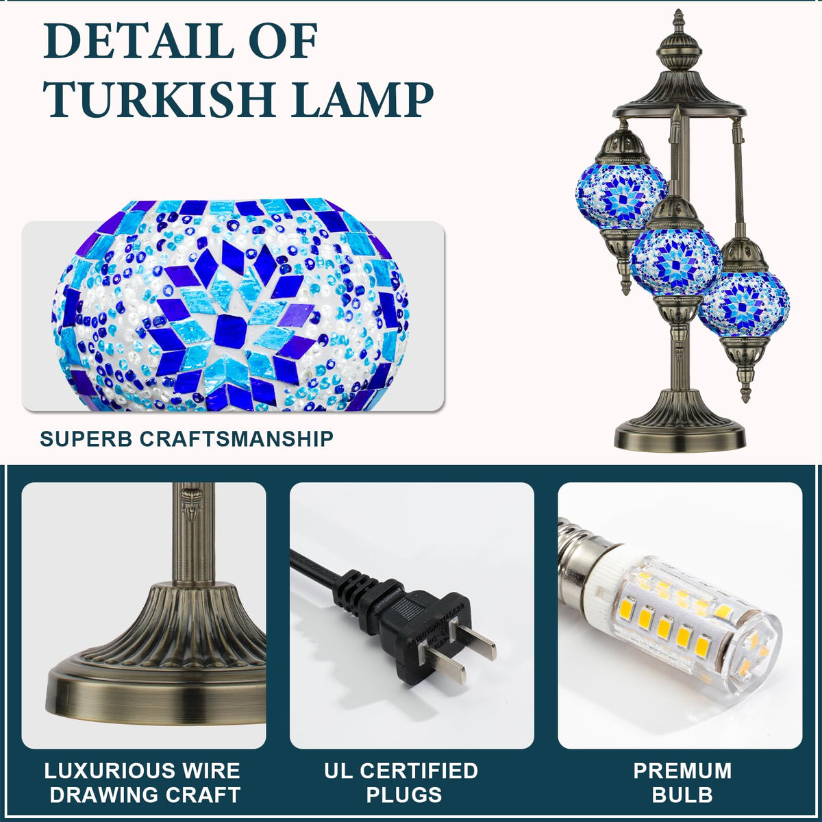 Marrakech Turkish Lamp 3 Globes Moroccan Table Lamp with Bronze Base, 23" Tall Handmade Blue Tiffany Mosaic Glass Night Light Fixture Including LED Bulb for Living Room Bedroom Decor