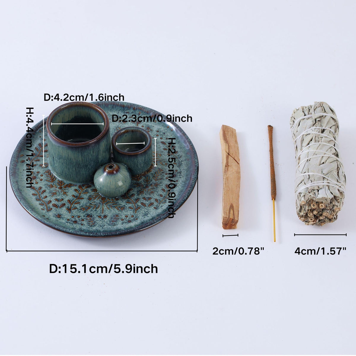 Reyife 5 in 1 Incense Holder Burner, 5.9" Ceramic Holder for Burning Palo Santo Sage Candle and Incense Sticks Cones, Ash Catcher Tray for Meditation Room Home Décor (Bluegrey)
