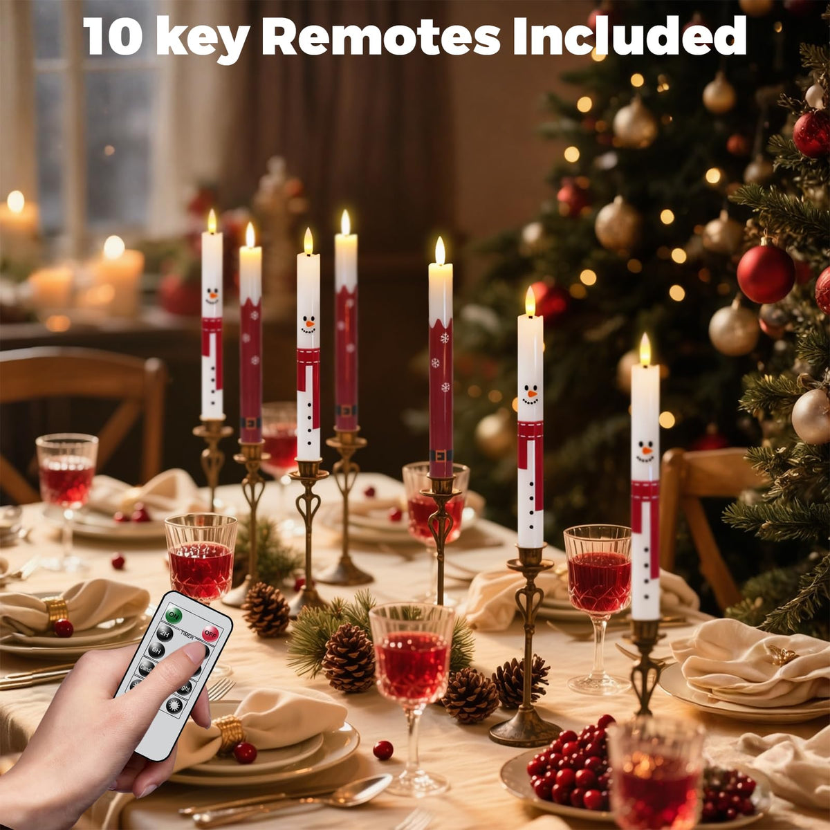 Wondise Christmas Snowman Flameless Taper Candles with Remote Timer, Real Waxy Battery Operated Flickering Candlesticks 3D Wick LED Candles 9.6inch for Halloween Christmas Thanksgiving Decoration