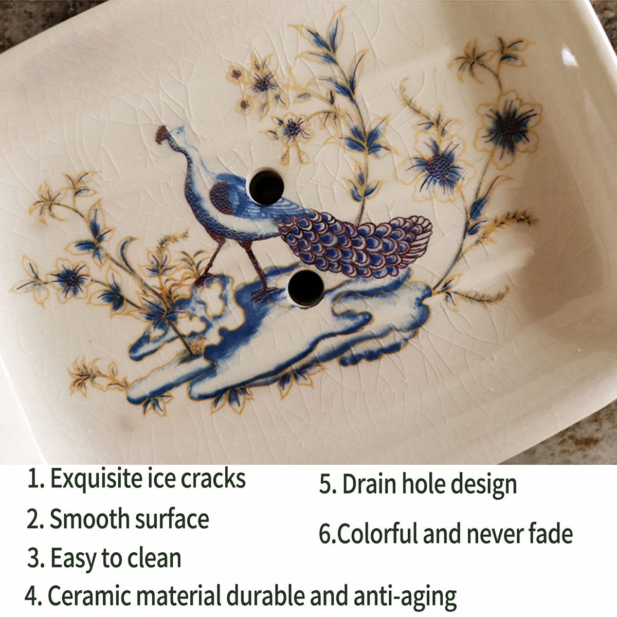 Kelake Ceramic Soap Dish Creative Ice Crack Ceramic Peacock and Flower Pattern Soap Dish Holder for Bathroom and Shower Soap Tray Box with Drain Gift for Mum Family