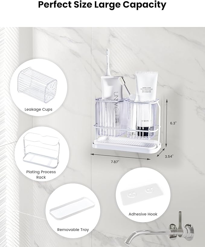 KONE Clear Toothbrush Holders for Bathroom, 2 Cups Wall Mounted, Dry & Wet