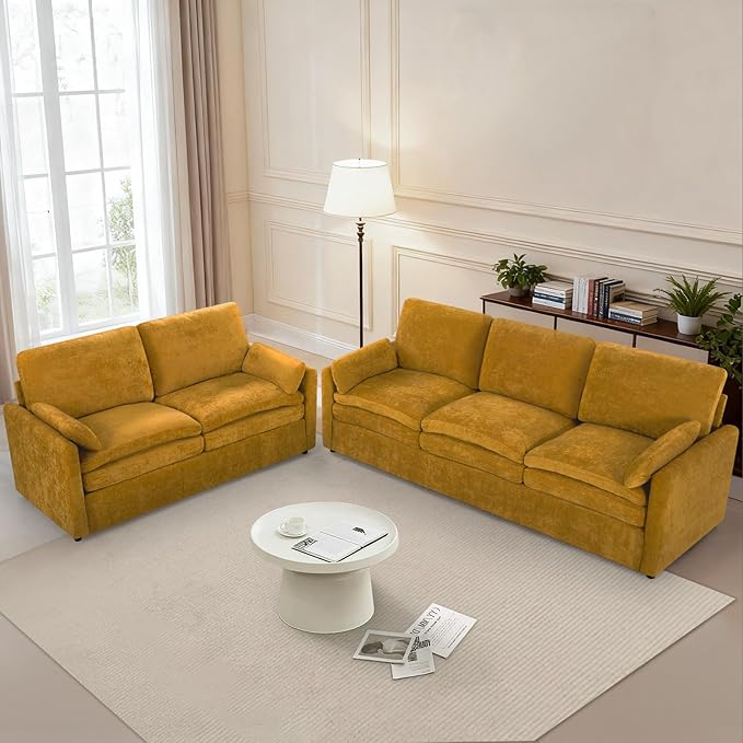 Comfy Chenille Sofa Set with Well-Filled Pillows, Modern 3 Seater and Loveseat