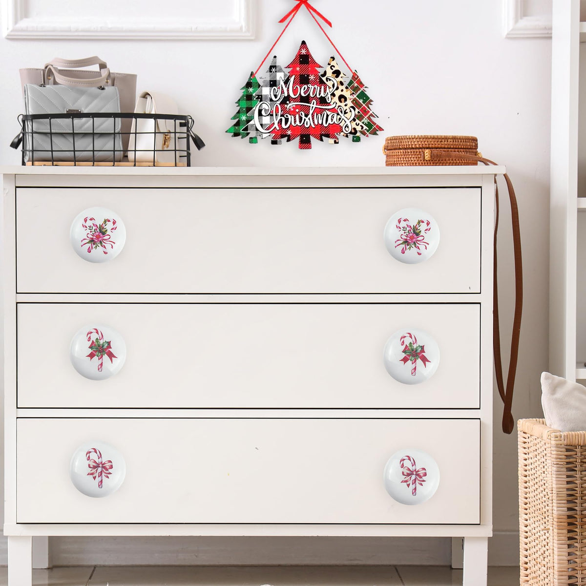 Lasyman 8Pack 1.5" Ceramic Christmas Holiday Peppermint Candies Cabinet Door Candy Cane Knob Covers Decorative Drawer Knobs