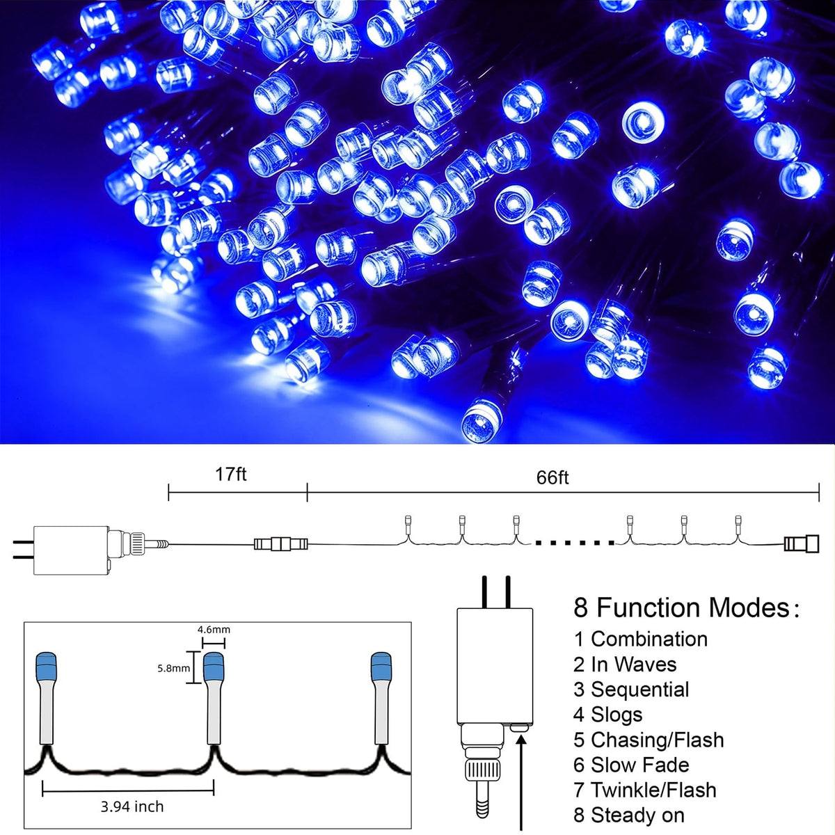 HOME LIGHTING 66ft Christmas Decorative Mini Lights, 200 LED Green Wire Fairy Starry String Lights Plug in, 8 Lighting Modes, for Indoor Outdoor Xmas Tree Wedding Party Decoration (Blue)