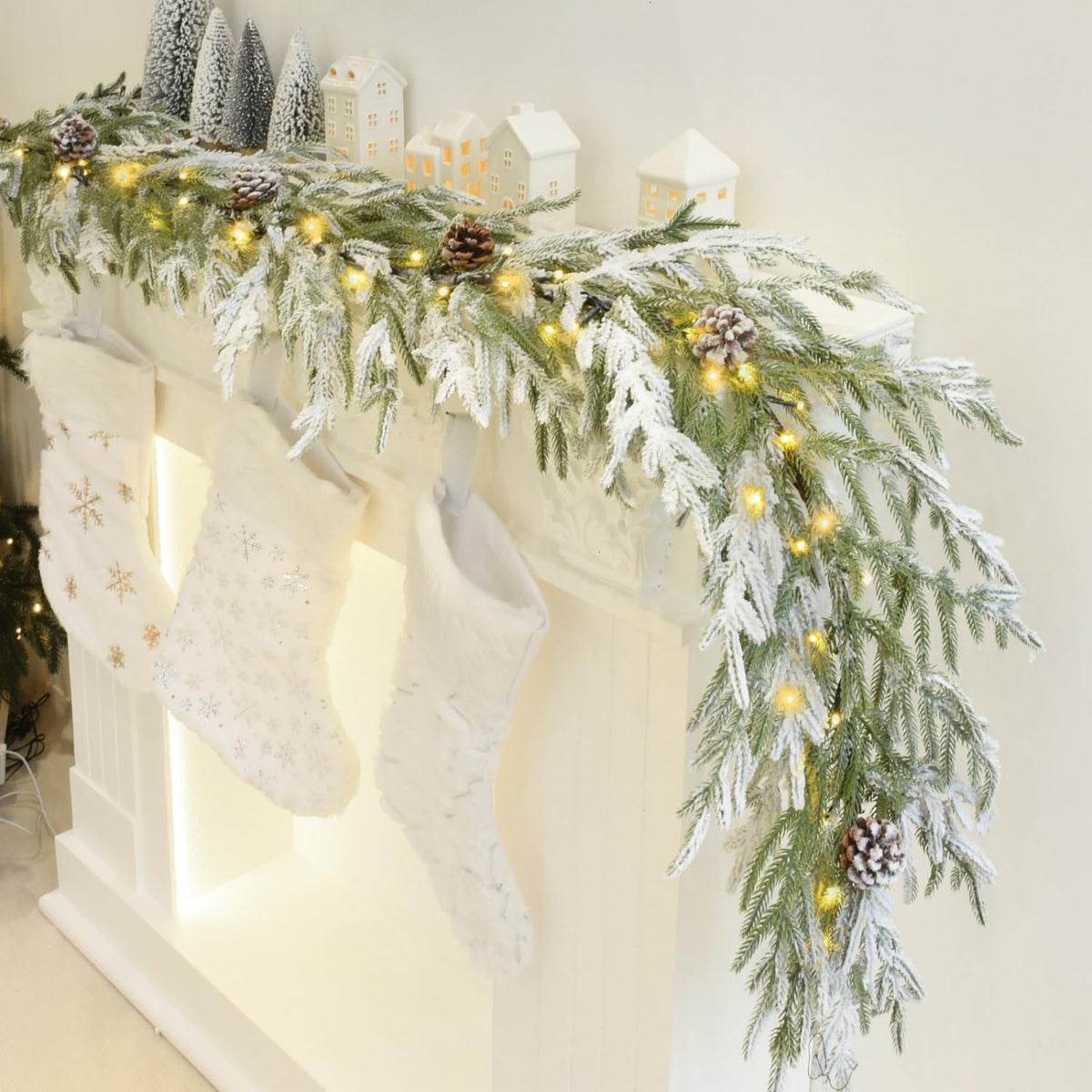 YoleShy 6FT Real Touch Norfolk Pine Garland Christmas Garland with Pinecone and White Snow Battery Operated Prelit Garland Christmas Decorations for Mantle Fireplace Xmas Home Decor