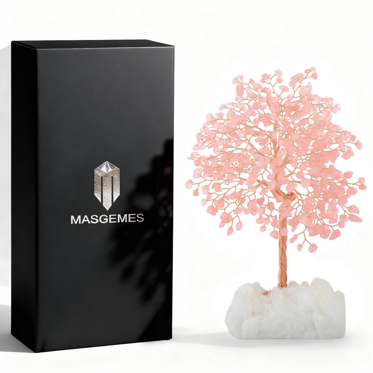 MASGEMES Gemstone Crystal Tree of Life,Natural Rose Quartz (406 Stones) with Clear Quartz Base,Chakra Balancing Positive Energy Feng Shui Home Decor Bonsai Money Tree,Birthday Gift 8.5"-9"