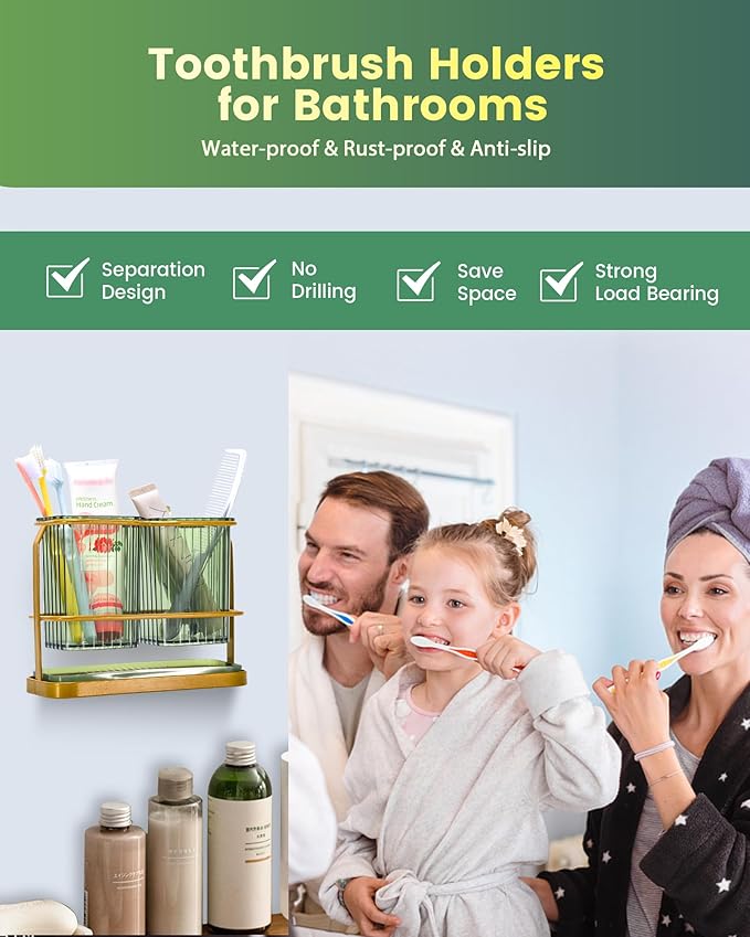 KONE Green Toothbrush Holders for Bathrooms, 2 Cups Toothbrush Holders Wall