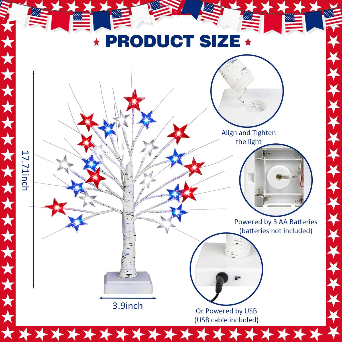 18" 4th of July Patriotic Decorations Tree with 24 LED Red White Blue Star Lights, Independence Day Lighted Tree for Home Party Festival Mantel Centerpiece Decor