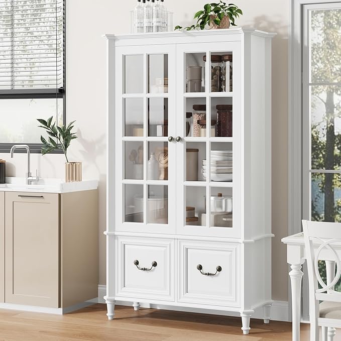 QUW 63" Tall Bookshelf with Glass Doors and Solid Wood Legs, Modern Book Shelf
