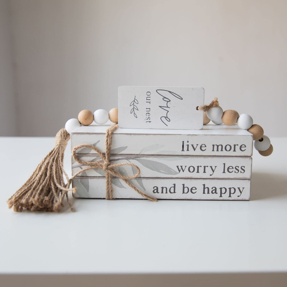 GENMOUS 4pcs White Decorative Books Set, Stacked Wood Faux Books with Wood Bead Tassels for Living Room and Shelf Display, Farmhouse Decor