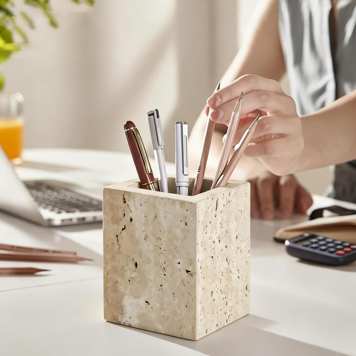 Beige Travertine Natural Marble Toothbrush Holders for Bathroom, Marble Makeup Brush Holder, Pen Pot, Countertop Organizer Barrel Storage Box
