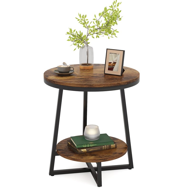 Tribesigns End Table, 2 Tier Round Side Table with Storage Shelf, Industrial Nightstand Bedside Table Coffee Accent Table for Living Room Bedroom Small Space, Rustic Brown