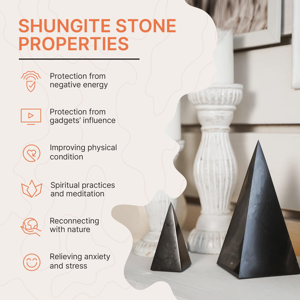 Authentic Shungite Pyramid Polished 8"(20cm), Premium Protection Crystals for House & Office, Karelian Black Stone Energy Pyramid for Root Chakra Meditation, Grounding & Negative Energy Blocker