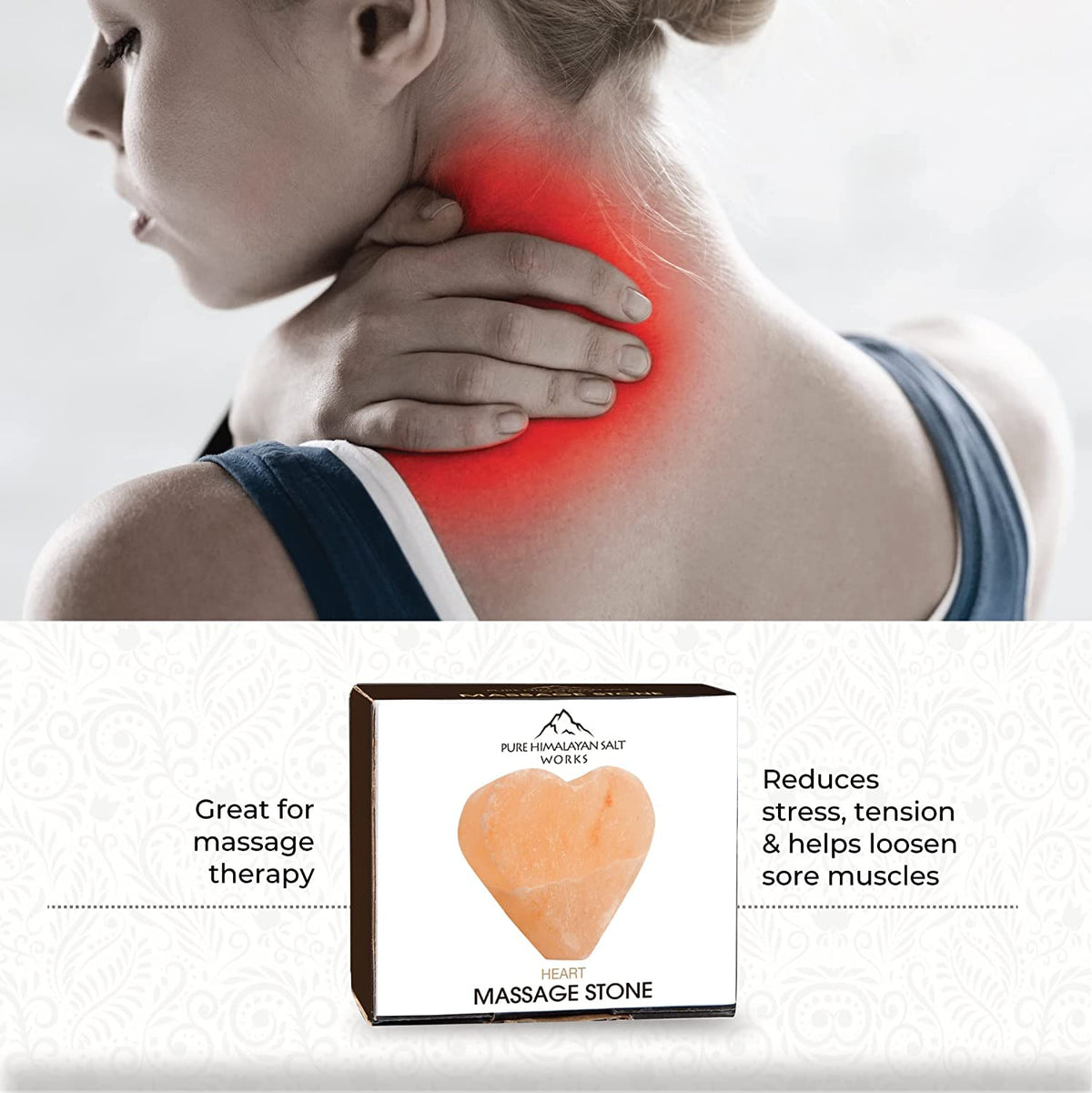 Pure Himalayan Salt Works Heart Massage Stone, Pink Crystal Hand-Carved Stone for Massage Therapy, Deodorant and Salt and Sugar Scrubs, 2.75” W x 3” H x 1.5” D