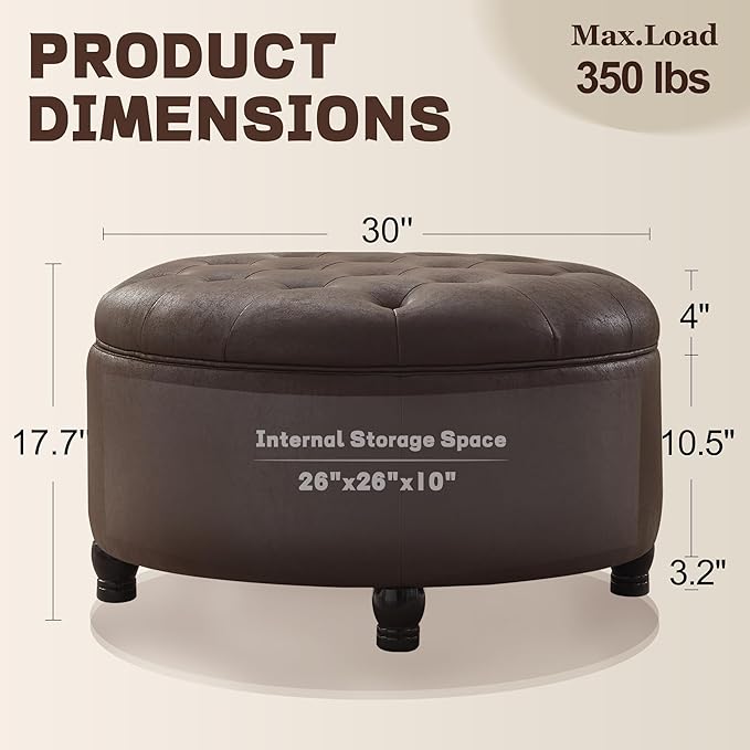30-Inch Round Storage Ottoman, Button Tufted Ottoman Coffee Table