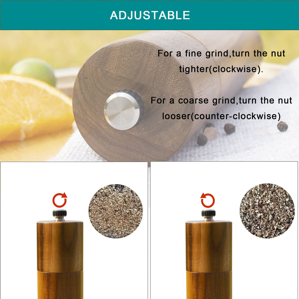 Yvake Wooden Salt and Pepper Grinder,8 Inch Manual Salt and Pepper Mill, Adjustable Coarseness and Refillable,Acacia Wood Pepper shakers for your kitchen