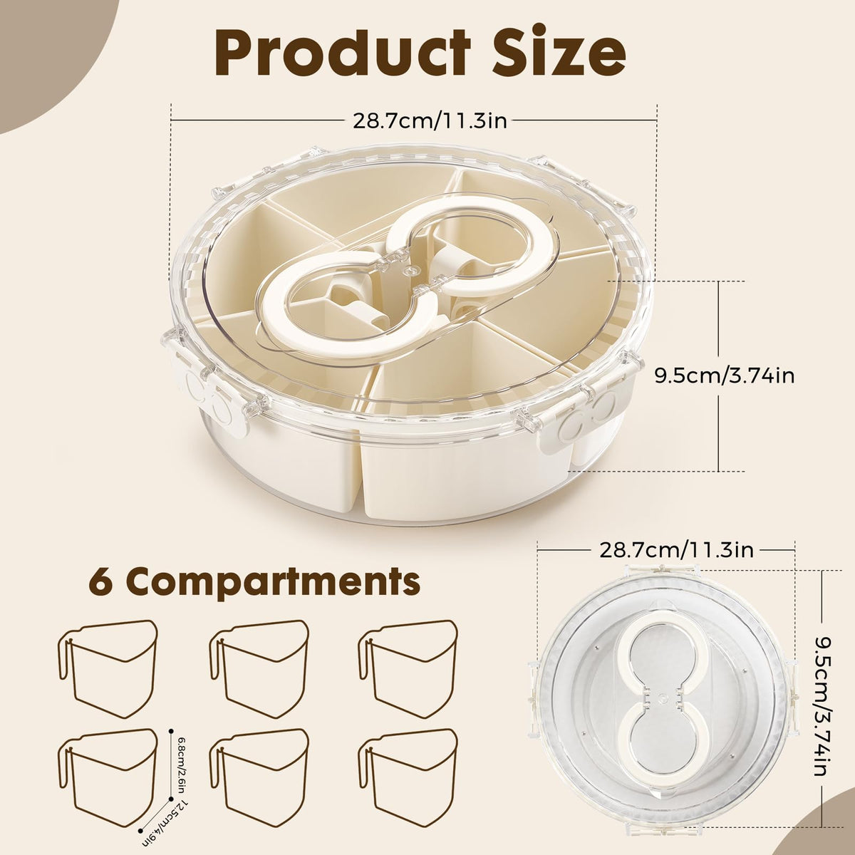 Divided Snack Serving Tray with Lid and Handle，Snackle Box Container for Fruits Candy Organizer，Portable Spinning Rounded Veggie Tray for Kitchen, Party, Trave and Picnic