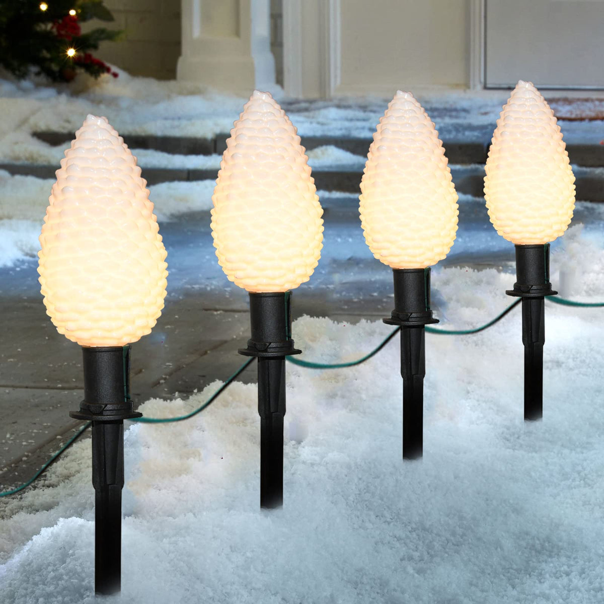 C9 Christmas Pinecone Path Marker Light,1 Pack 7 Ft Expandable Path Light String with 4 LED Pinecone Lights with 4 Stakes Waterproof Christmas Lawn Walkway Lane Marker Lighting Decoration, Green Wire