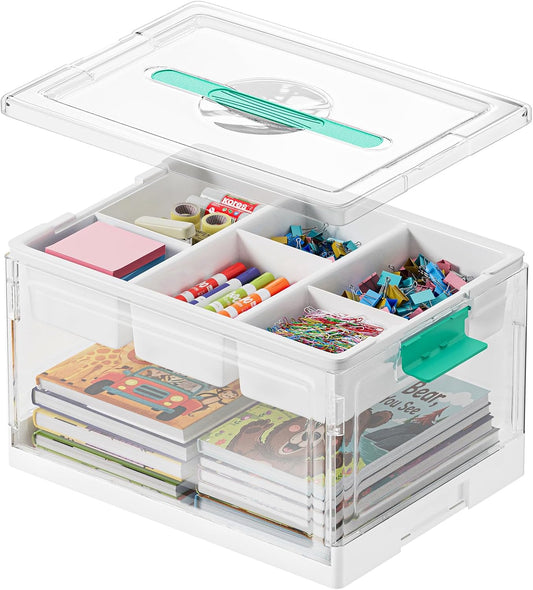 SpaceAid Craft Organizer - 24 QT Clear Plastic Storage Box with Lid, Removable Trays & Dividers