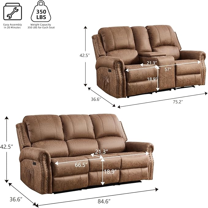 EBELLO 2 Pieces Power Reclining Sofa Set, Faux Leather Reclining Living Room