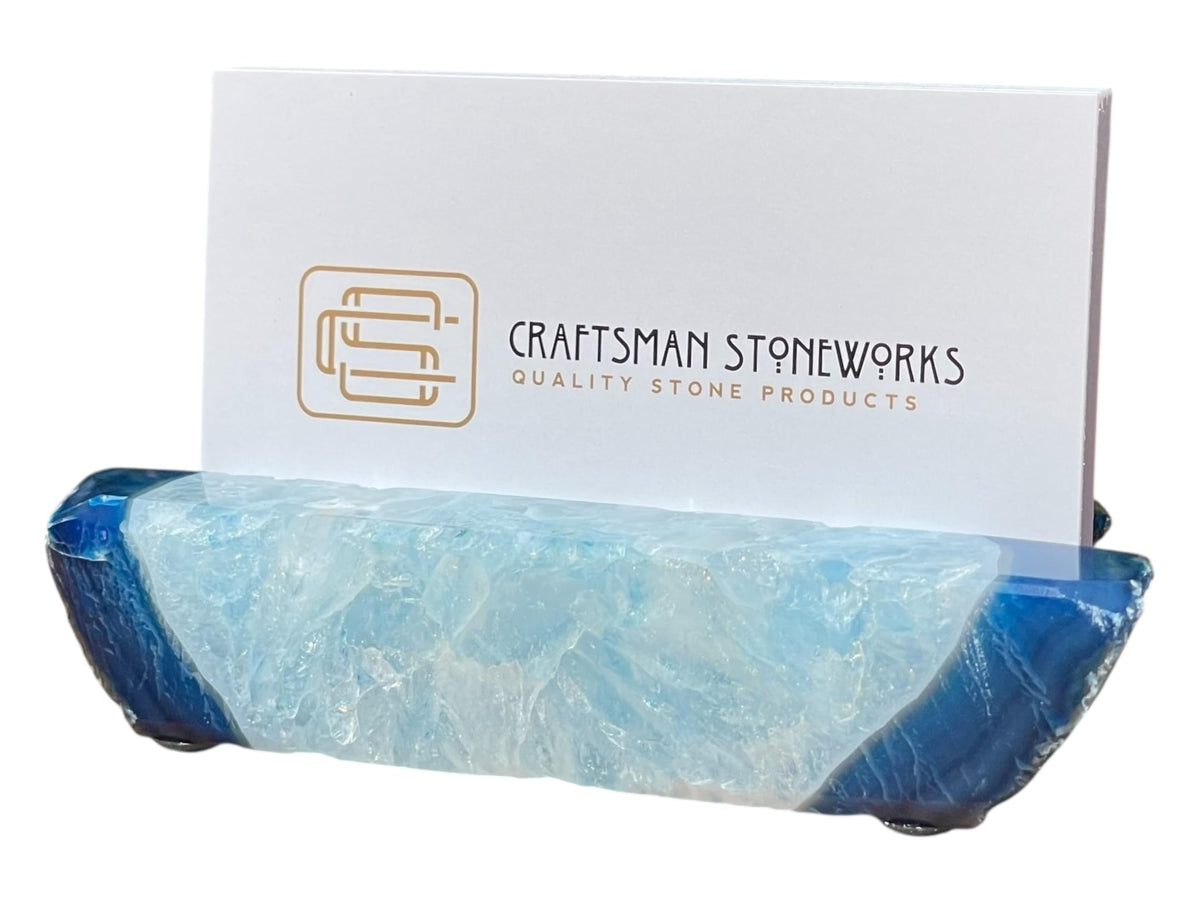 Craftsman Stoneworks Handcrafted Blue Agate Business Card Holder from Brazil - Elegant Desk Organizer and Display Stand for Women and Men - Unique Stone Art Piece (Blue)