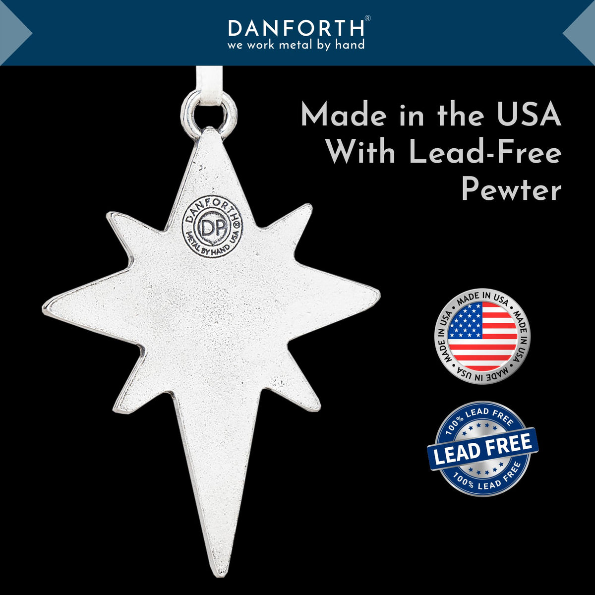 Danforth Star of Bethlehem Pewter Christmas Ornament, Bright, Sparkling Christmas Tree Decoration, Christian, Handmade in USA, Fine Pewter, 2 ⅜” Tall by 1 7/8” Wide