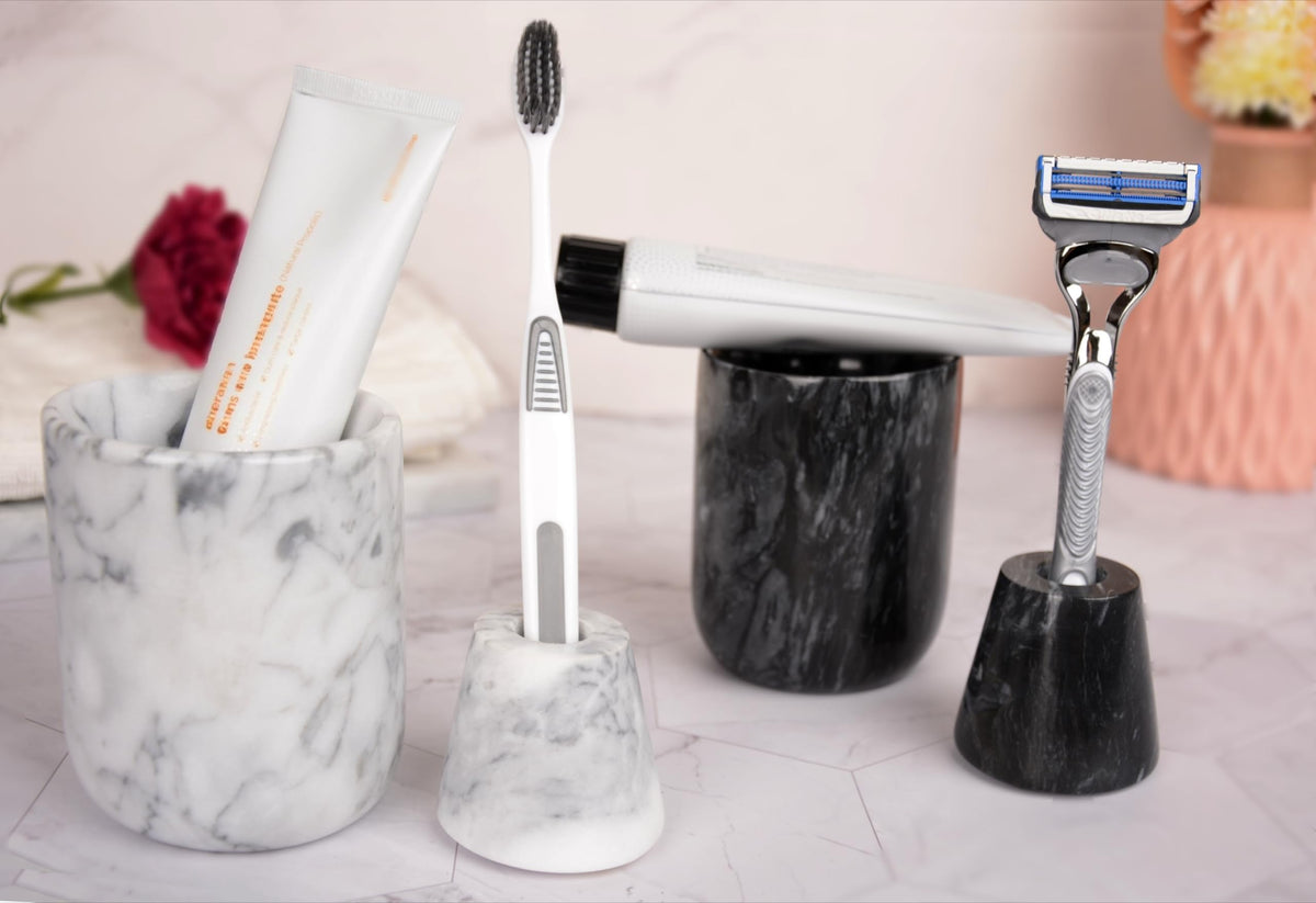 Natural Marble Toothbrush Holder and Toothbrush Cup Set,Handmade Toothbrush Holder for Bathroom Countertop Toothbrush and Toothpaste Holder Set,Better Choice for Housewarming Gift（Black Grey）
