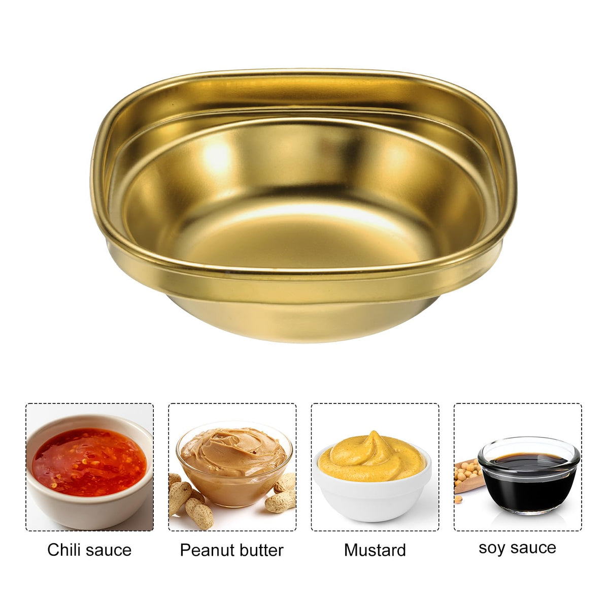 uxcell 4 Pack Stainless Steel Dish Dipping Bowls with 1 Round Compartment Divided, Metal Seasoning Plate Dipping Bowl for Condiment Home Party Restaurant Picnic Travel, Gold