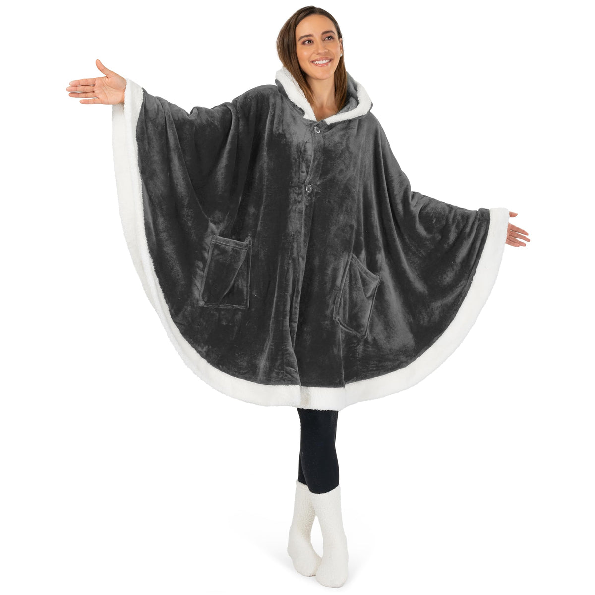 PAVILIA Hooded Blanket Poncho, Women Fleece Shawl Wrap with Hood, Wearable Blanket Cozy Warm Poncho Cape Throw with Pockets, Gift for Elderly Mom, Dark Gray