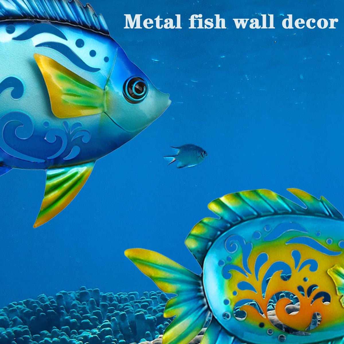 wotieuns Metal Fish Wall Decorative Wall Art Tropical Fish Sculpture Suitable for Outdoor Bathroom Swimming Pool Hanging Decorative Terrace Living Room Beach Coastal Navigation Decor