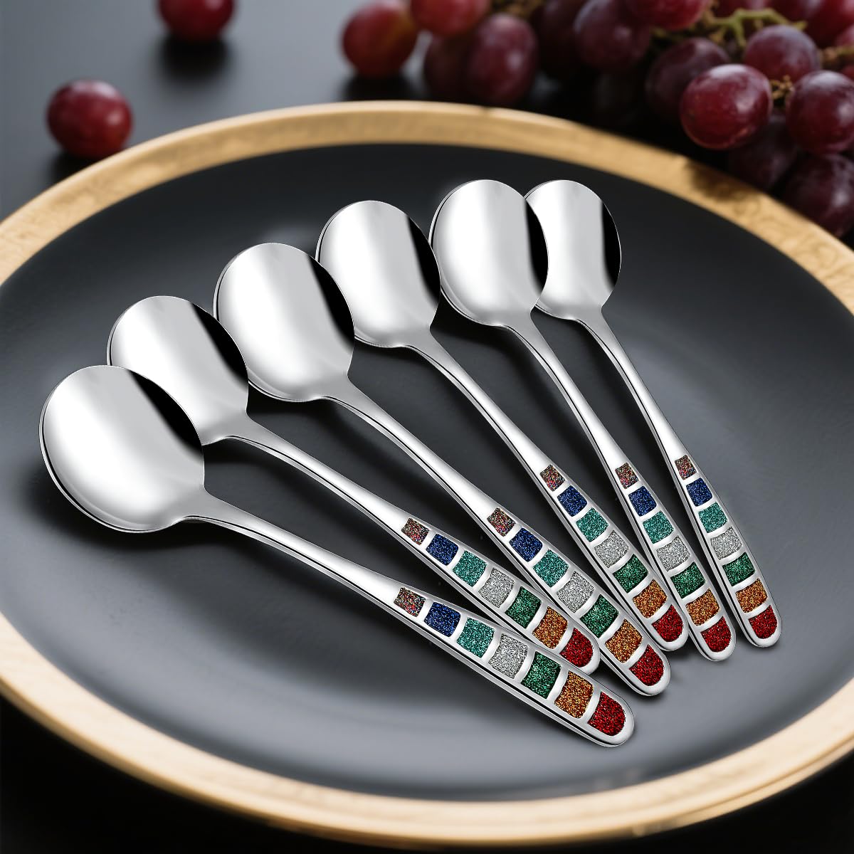 YIHOR Premium 7.24" European Soup Spoons, Stainless Steel creative colorful enamel spoon drinking spoon, Dishwasher Safe Disinfection cabinet Set of 6