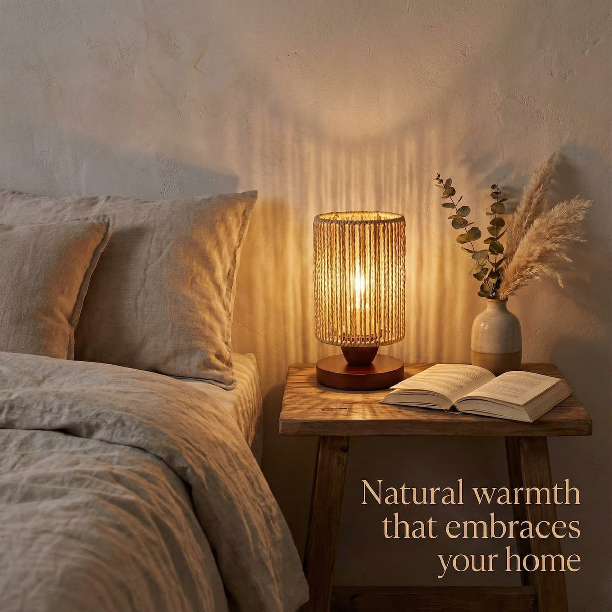 DKCONONY Small Rattan Table Lamp for Bedroom, Boho Bedside Lamp with Warm LED Bulb, Handwoven Wicker Nightstand Lamp for Nursery, Entryway & Dorm, Mini Ambient Night Light with Wood Base (8.6" Tall)
