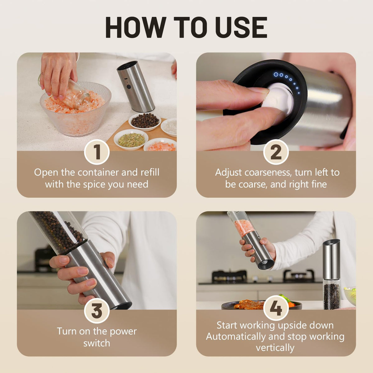 Solisifime Gravity Electric Salt and Pepper Grinder Set, USB Rechargeable Stainless Steel Mills with Large Capacity Tall Glass, LED Light, Adjustable Coarseness, Ideal for Kitchen and Dining(2PCS)