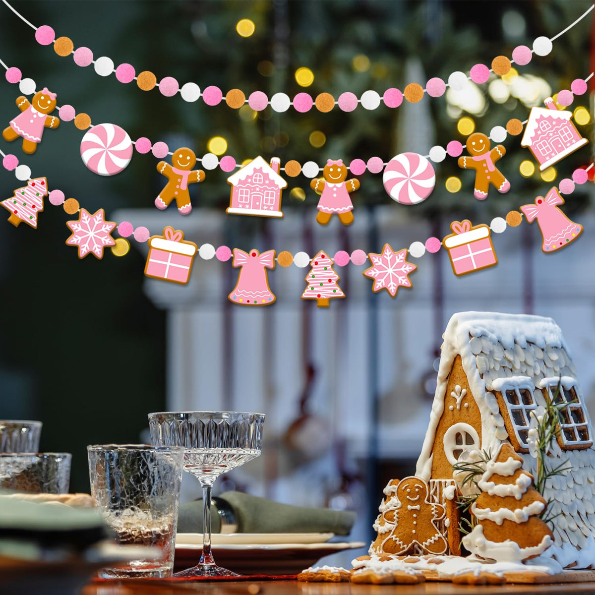 Doumeny 3Pcs Pink Christmas Felt Ball Banner Xmas Gingerbread Man Candy House Garland Bunting Xmas Tree Snowflake Bunting Garland Christmas Pom Pom Banner for Winter Party Holiday Mantel Home Decor