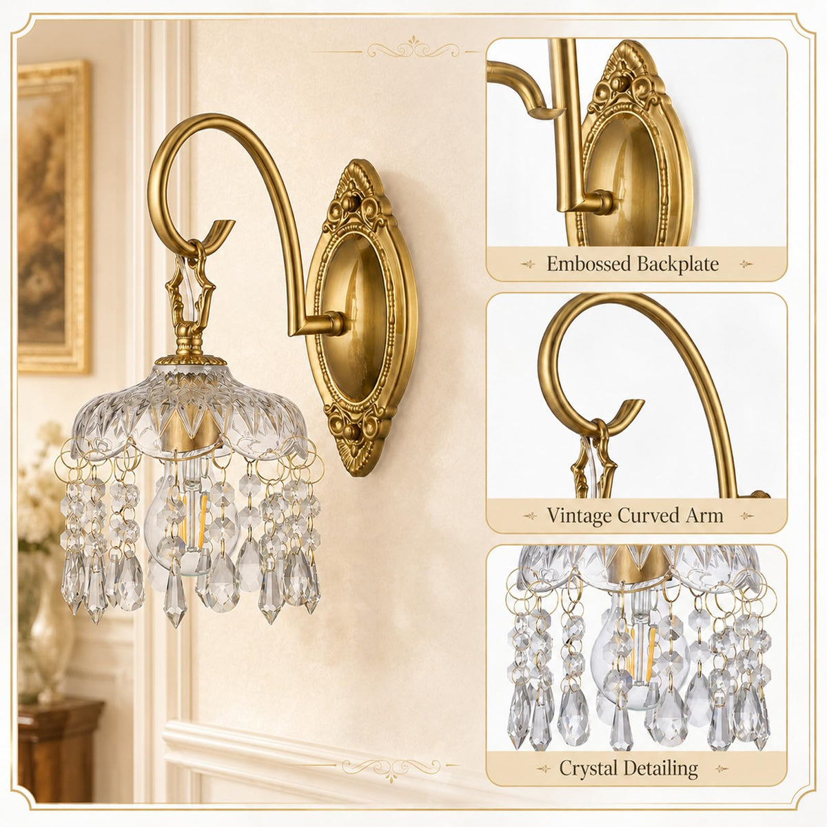 Hamilyeah Crystal Wall Sconces Set of 2, Gold Hardwired Wall Sconce with Faceted Glass Shade and Crystal Drops, Vintage Victorian Brass Wall Light Fixture for Bedroom, Living Room, Hallway, Entryway