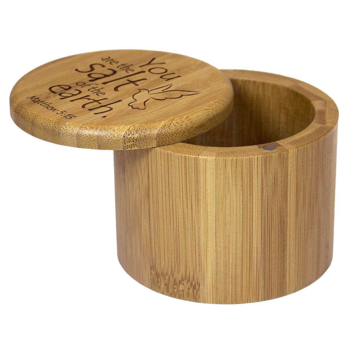 Totally Bamboo Salt Cellar Bamboo Storage Box with Magnetic Swivel Lid, 6 Ounce Capacity, You are the Salt of the Earth Matthew 5:13 Engraved on Lid