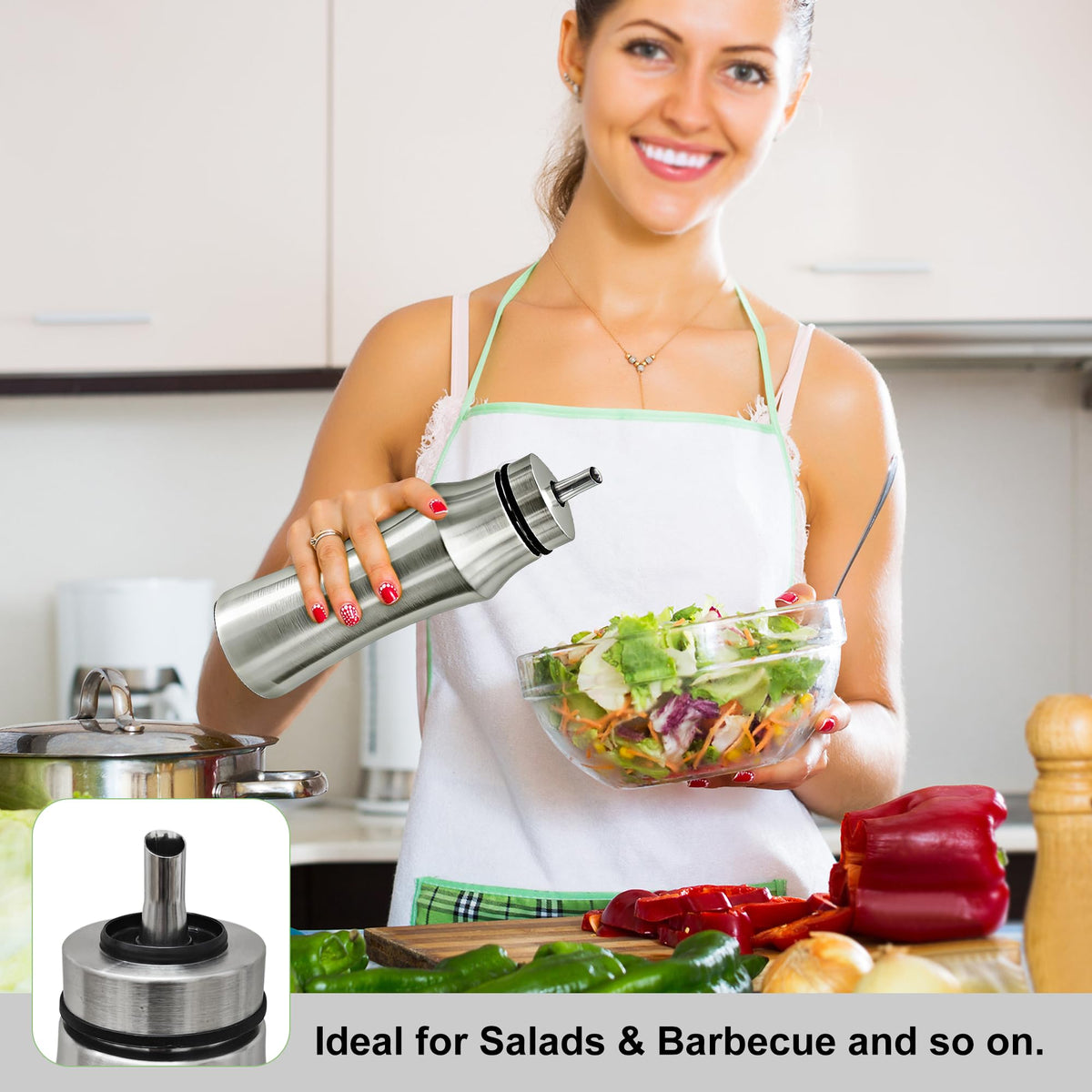 OlBuWa 304 Stainless Steel Oil Dispenser Bottle,Kitchen Oil Bottle for Cooking salad, barbecue, steak, air fryer-750ml, Silver