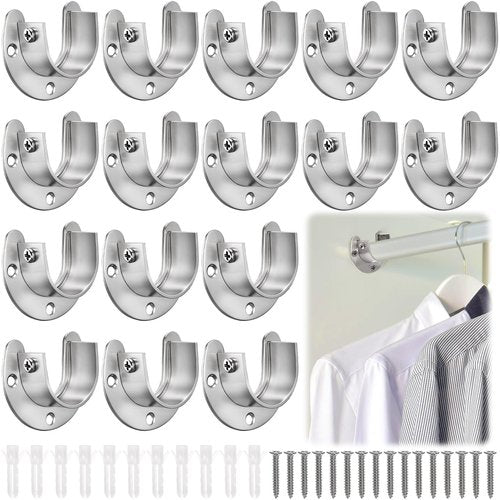 Coloch 16 Pack Stainless Steel Closet Pole Sockets, 1-1/4 Inch Closet Rod Support U-Shaped Curtain Rod Holders Flange Set Rods Holder with Screws