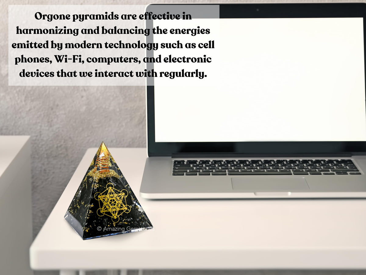 Amazing Gemstone Organite Orgone Pyramid Extra Large 105 MM - Metatron Cube Orgone Energy Pyramid with Black Tourmaline Crystals and Healing Stone - Orgonite Pyramids Crystals and Positive Energy