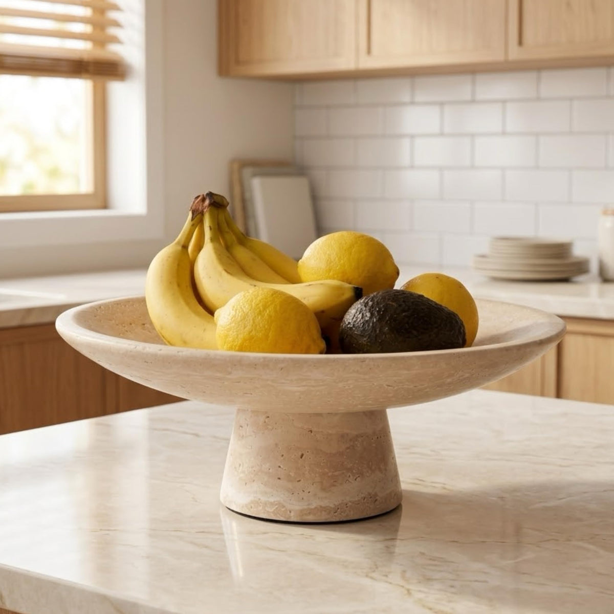 BekPooQ Travertine Fruit Bowl for Kitchen Counter, 10.2" Large Decorative Pedestal Stone Bowl, Natural Marble Centerpiece Bowl for Dining Table, Modern Organic Kitchen & Home Decor