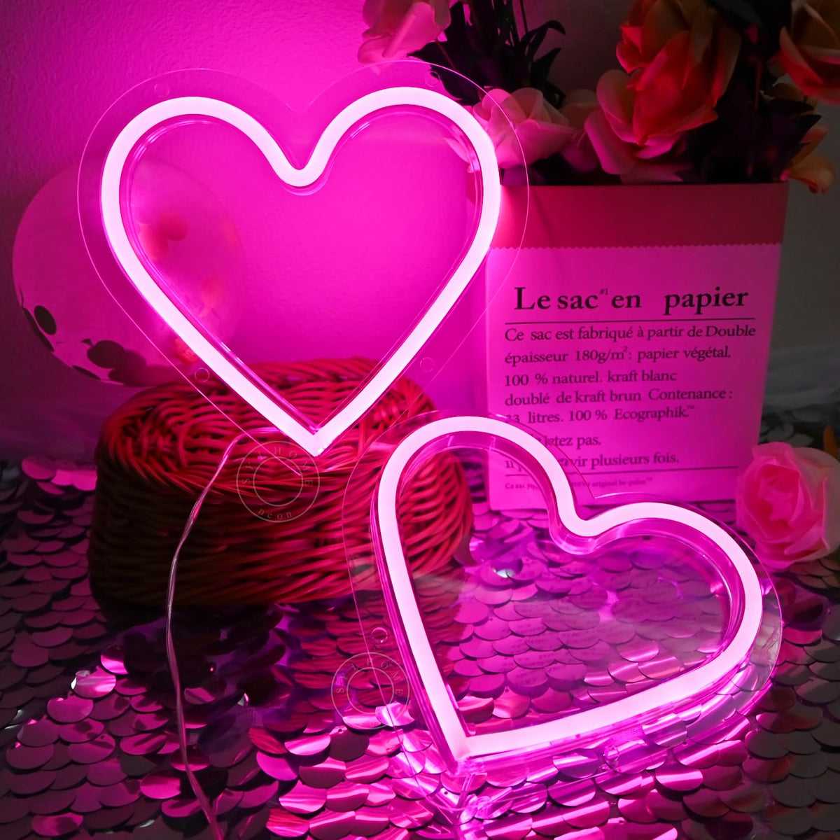 SYLHOME 2 Pack Heart Pink Led Neon Light Sign Battery Operated or USB Powered Bedroom Wedding Wall Sign Decor Valentines Day Birthday Christmas Gifts USB 7.87" X 7.28"