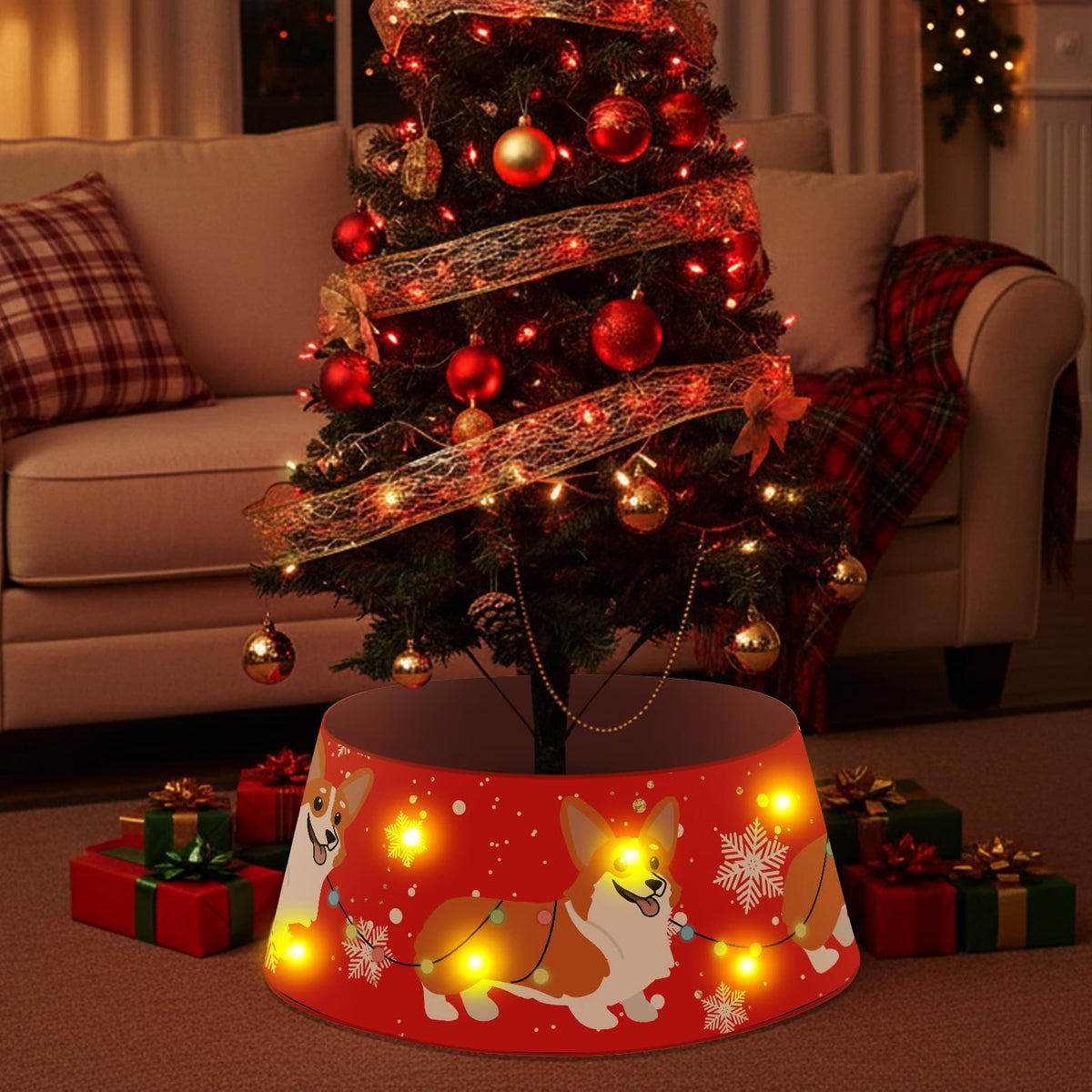 Dog Christmas Tree Collar Corgi Christmas Decor Red Tree Skirt with LED Light Ring Base Cover for Christmas Trees Decoration Holiday Indoor Outdoor