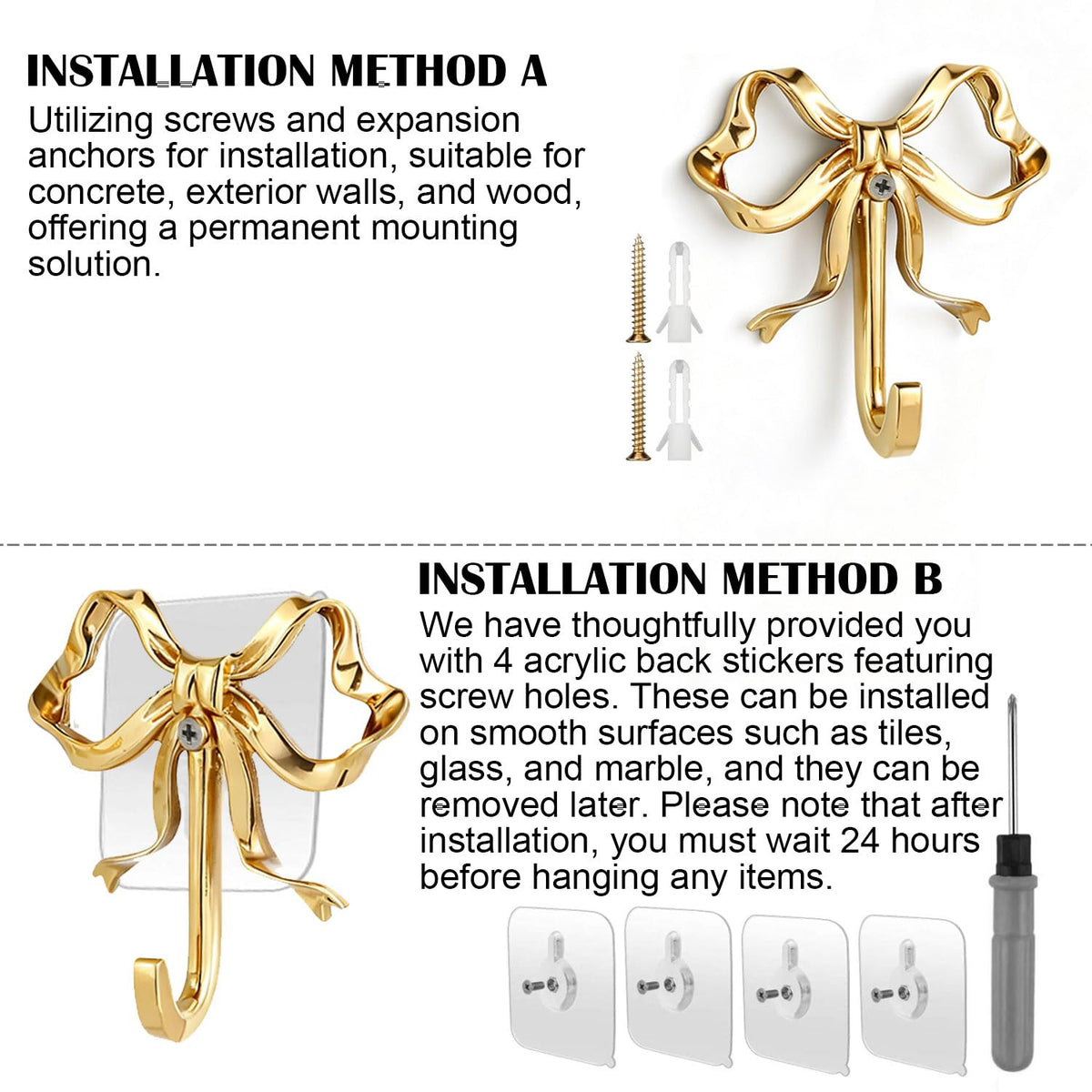 YUANQIAN 2-Pack Bow Wall Hooks Gold Hooks Door Hanger for Towels Coat Bag, No-Trace Sticky Hooks for Christmas Stockings Holder, Heavy Duty Wall Hooks for Living Room Bedroom Entryway Decor (Gold)