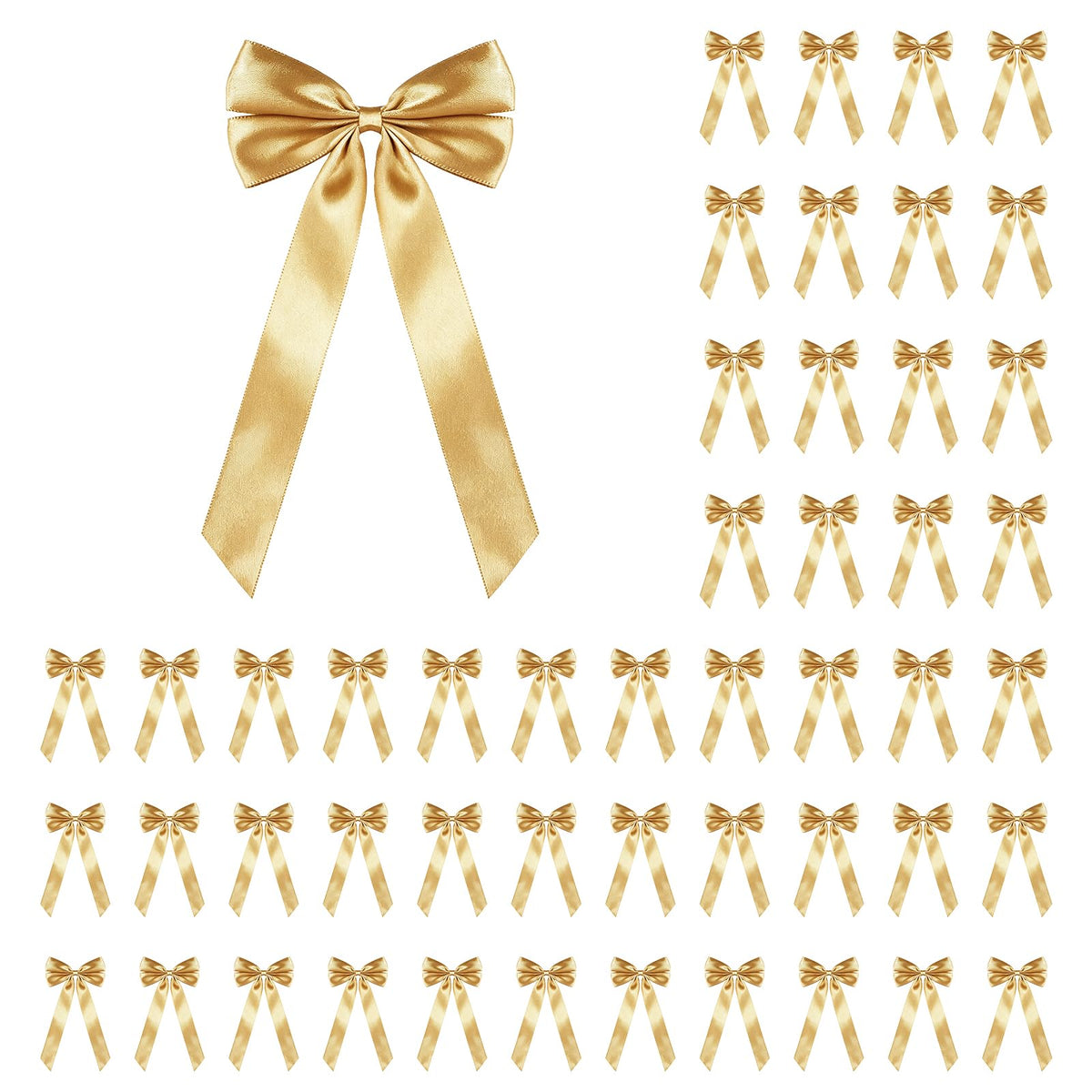 50Pcs Gold Satin Bows for Christmas Tree, 4 x 8 inch Xmas Ornaments with Pre-Made Twist Ties & Self-Adhesive, for Tree Cabinet Front Door Wreath Holiday Home Decor