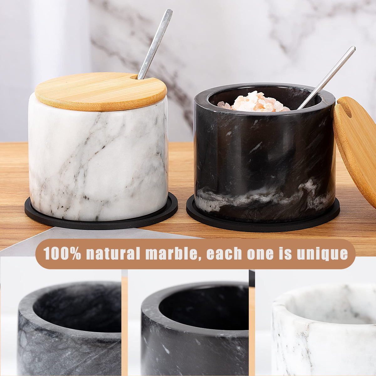 NHKRTE Marble Sugar Bowl with Lid & Spoon, Black & White Grey, 11oz